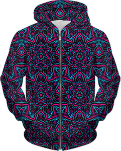 Blue and Pink Mandala Collage Zip-Up Hoodie | BigTexFunkadelic
