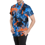 Blue and Orange Paint Splatter Button Down Short Sleeve Shirt | BigTexFunkadelic