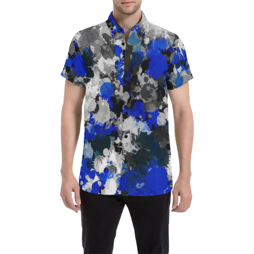 Blue and Grey Paint Splatter Short Sleeve Button Up Shirt ...