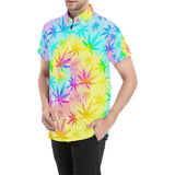 Rainbow Tie-Dye Weed Leaf Print Short Sleeve Button Up Shirt | BigTexFunkadelic