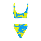 Yellow and Blue Paint Splatter Sport Top & High-Waisted Bikini Swimsuit / Rave Set | BigTexFunkadelic