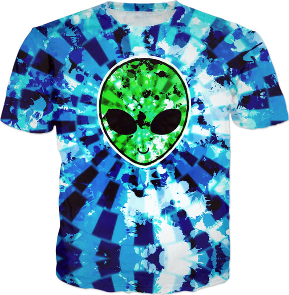Blue and Green Acid Wash Alien Tie-Dye T-Shirt | BigTexFunkadelic