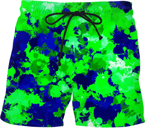 Green and Blue Paint Splatter Swim Shorts | BigTexFunkadelic