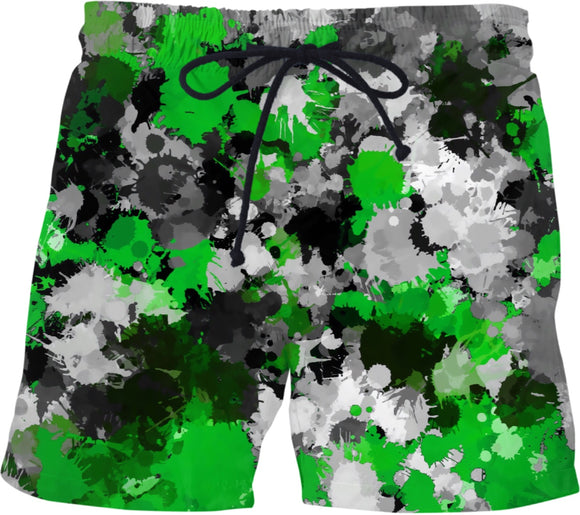 Green and Grey Paint Splatter Swim Shorts | BigTexFunkadelic
