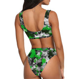 Green and Grey Paint Splatter Sport Top & High-Waisted Bikini Swimsuit / Rave Set | BigTexFunkadelic