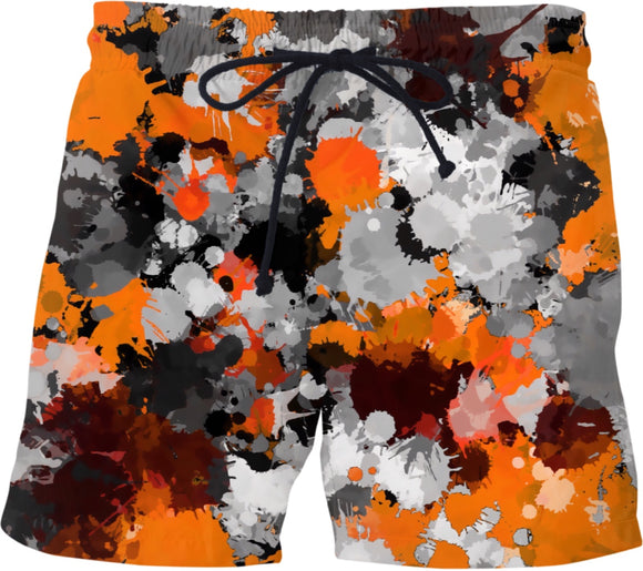 Orange and Grey Paint Splatter Swim Shorts | BigTexFunkadelic