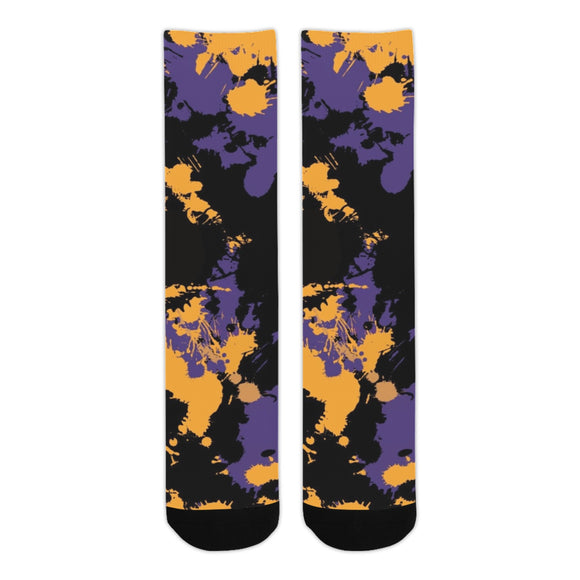 Purple Gold and Black Legends Paint Splatter Smooth-Touch Unisex Crew Socks | Crazy Socks | BigTexFunkadelic