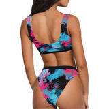 Pink and Blue Paint Splatter Sport Top & High-Waisted Bikini Swimsuit / Rave Set | BigTexFunkadelic