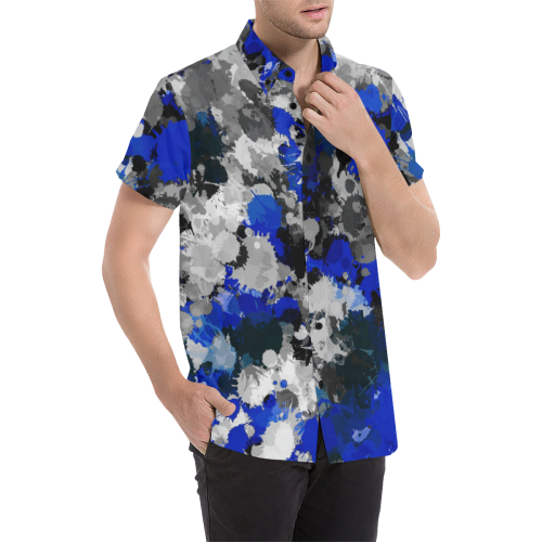 Blue and Grey Paint Splatter Short Sleeve Button Up Shirt ...