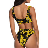 Black and Yellow Graffiti Splatter Sport Top & High-Waisted Bikini Swimsuit / Rave Set | BigTexFunkadelic