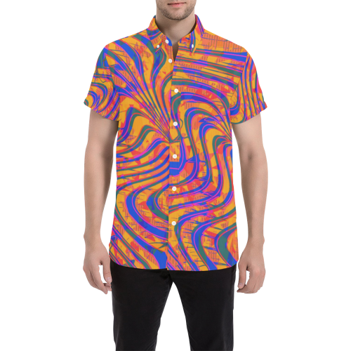 Blue and Orange 90s Abstract Button Down Short Sleeve Shirt | BigTexFunkadelic