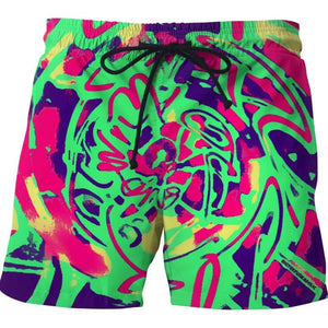 "Black Light" Green Purple and Pink Graffiti Swim Shorts | BigTexFunkadelic 
