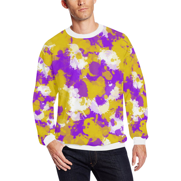 Purple Gold (Yellow) and White Paint Splatter Men's Big & Tall Oversized Fleece Crewneck Sweatshirt | BigTexFunkadelic
