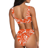 Orange and White Oil Spill Sport Top & High-Waisted Bikini Swimsuit / Rave Set | BigTexFunkadelic