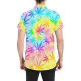 Rainbow Tie-Dye Weed Leaf Print Short Sleeve Button Up Shirt
