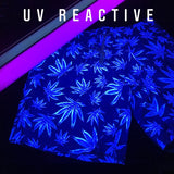UV BLACKLIGHT REACTIVE CLOTHING | Hawaiian Style Blue and Grey Weed Swim Shorts | BigTexFunkadelic