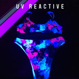 UV BLACKLIGHT REACTIVE CLOTHING | Pink and Blue Paint Splatter Sport Top & High-Waisted Bikini Swimsuit / Rave Set | BigTexFunkadelic
