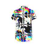 Psychedelic Rave Glitch Tiles Rainbow Plaid Short Sleeve Button Up Shirt | BigTexFunkadelic