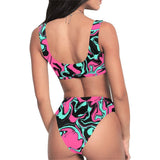 Pink Turquoise and Black Abstract Melt Sport Top & High-Waisted Bikini Swimsuit / Rave Set | BigTexFunkadelic