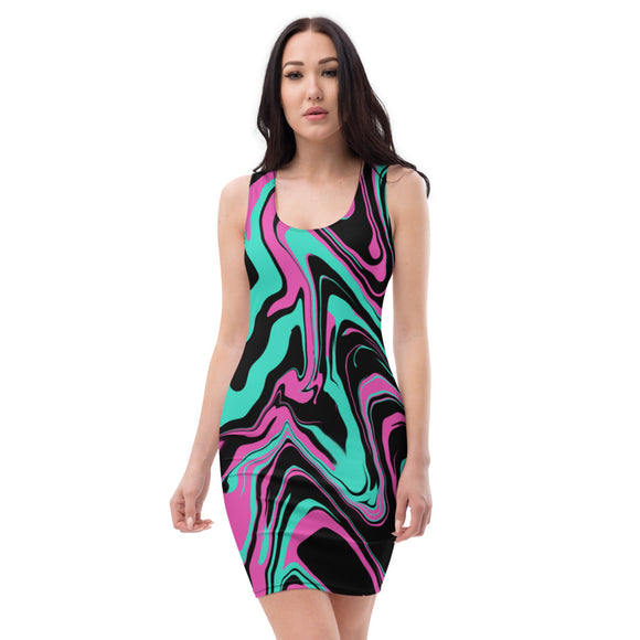 Teal and Pink Psychedelic Melt Bodycon Dress M