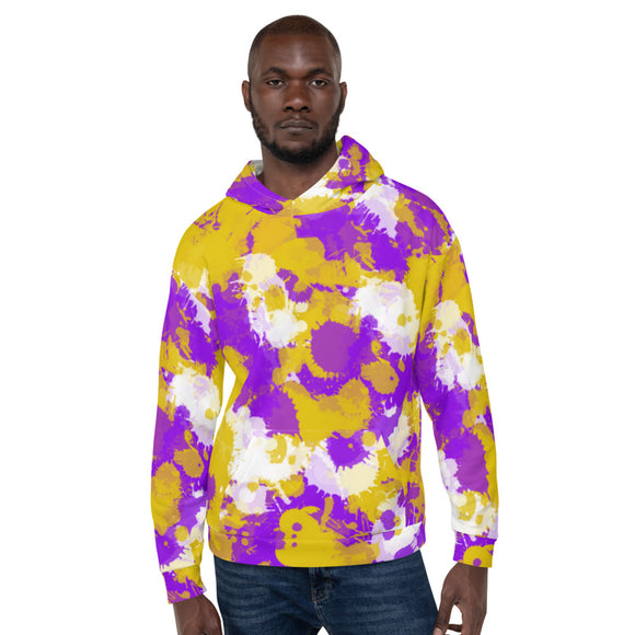 Purple Gold and White Paint Splatter Pullover Hoodie | BigTexFunkadelic