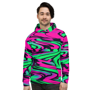 80s Pink and Green Wave Glitch Unisex Fleece-Lined Pullover Hoodie | BigTexFunkadelic