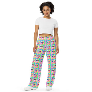 Pastel Tie-Dye Cat All Over Print Unisex Wide-Leg Pajama Pants with Pockets | BigTexFunkadelic