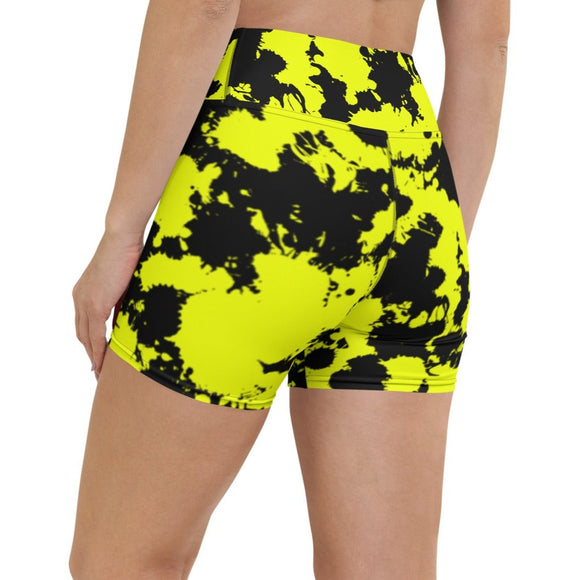 Yellow and Black Paint Splatter Rave Ready Yoga Shorts w/ Inside Pocket | BigTexFunkadelic