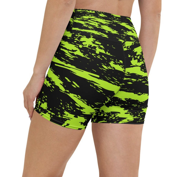 Black Lime Bolt Glitch Rave Ready Yoga Shorts w/ Inside Pocket | BigTexFunkadelic