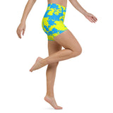Yellow and Blue Paint Splatter Rave Ready Yoga Shorts w/ Inside Pocket | BigTexFunkadelic