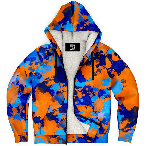 Blue and Orange Paint Splatter Sherpa Hoodie | BigTexFunkadelic