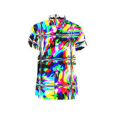 Psychedelic Rave Glitch Tiles Rainbow Plaid Short Sleeve Button Up Shirt | BigTexFunkadelic