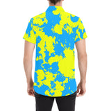 Yellow and Blue Paint Splatter Short Sleeve Button Up Shirt | BigTexFunkadelic