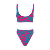 Pink and Blue Squiggly Rave Checkered Pattern Sport Top & High-Waisted Bikini Swimsuit / Rave Set | EDM Festival Fashion | BigTexFunkadelic