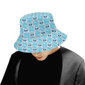 Light Blue Alien Checkered Print Reversible Rave Bucket Hat | UV Blacklight Reactive | BigTexFunkadelic