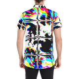 Psychedelic Rave Glitch Tiles Rainbow Plaid Short Sleeve Button Up Shirt | BigTexFunkadelic