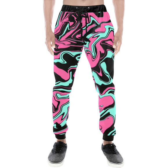 Pink Turquoise and Black Abstract Melt All Over Print Light-Weight Men's Jogger Sweatpants (Non Fleece Lined) | EDM Festival Fashion | BigTexFunkadelic