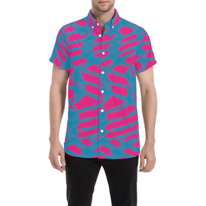 Pink and Blue Squiggly Rave Checkered Pattern Short Sleeve Button Up Shirt | BigTexFunkadelic