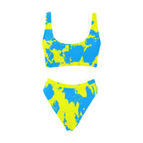 Yellow and Blue Paint Splatter Sport Top & High-Waisted Bikini Swimsuit / Rave Set | BigTexFunkadelic