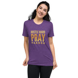 Hustle Hard Pray Harder Short Sleeve Tri-Blend T-Shirt | Purple | BigTexFunkadelic