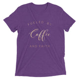 Fueled By Coffee And Faith Short Sleeve Tri-Blend T-Shirt | Faux Rose Gold Foil Text on Purple | BigTexFunkadelic