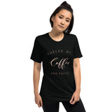 Fueled By Coffee And Faith Short Sleeve Tri-Blend T-Shirt | Faux Rose Gold Foil Text on Black | BigTexFunkadelic